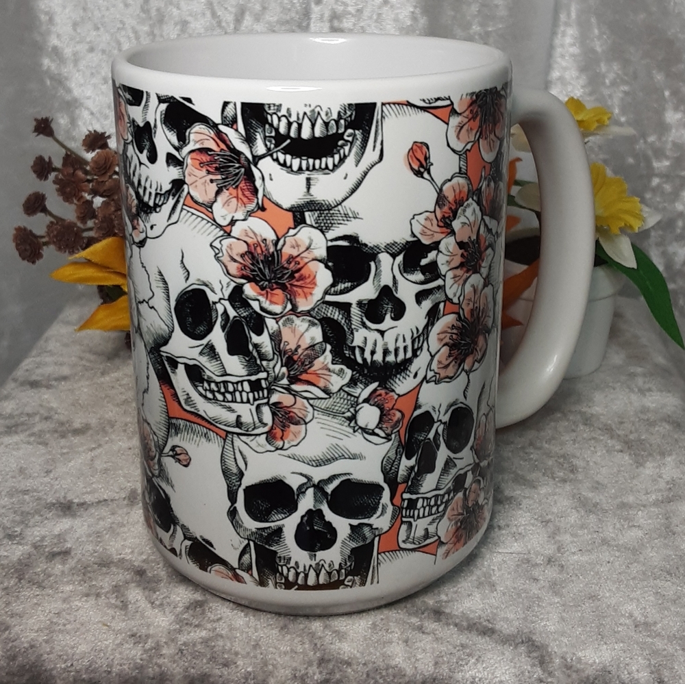 Handmade Sublimated Skull With Flowers Mug 15oz  Black Peach